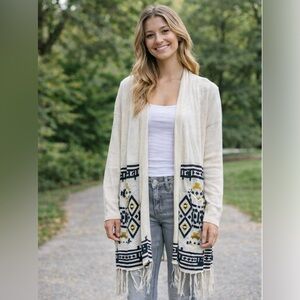 Skies Are Blue Cream Aztec Tribal Fringe Long Cardigan Sweater Size Medium